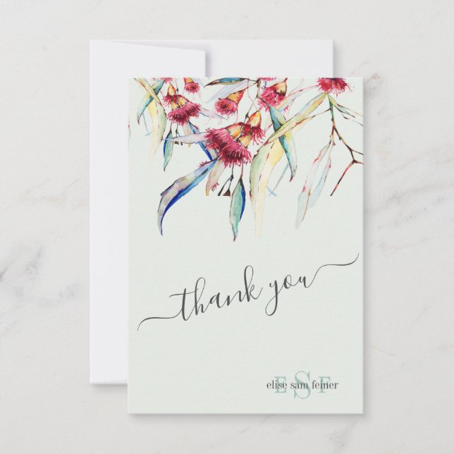 Monogram Greenery Eucalyptus Blossoms Thank You Card (Front)