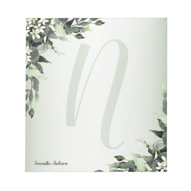 Monogram Greenery Floral Eucalyptus Leaves Notepad (Front)