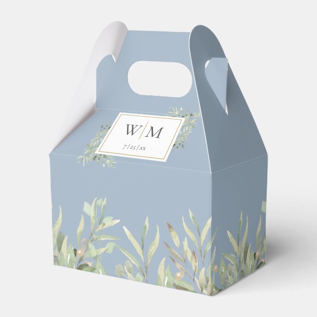 Monogram Greenery Foliage Dusty Blue Wedding Favor Box (Front Side)