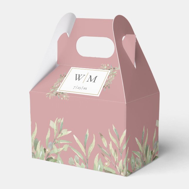 Monogram Greenery Foliage Dusty Rose Weddin Favor Box (Front Side)