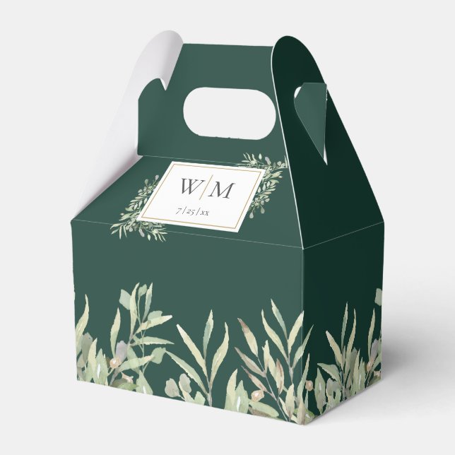 Monogram Greenery Foliage Emerald Green Wedding Favor Box (Front Side)