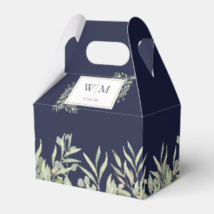 Monogram Greenery Foliage Navy Blue Wedding Favor Box