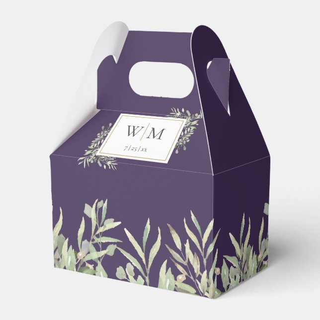Monogram Greenery Foliage Purple Wedding Favor Box (Front Side)
