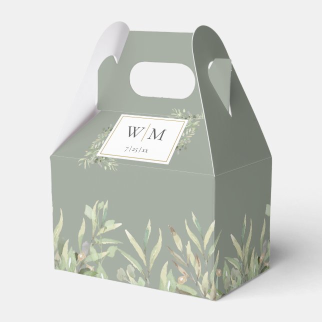 Monogram Greenery Foliage Sage Green Wedding Favor Box (Front Side)