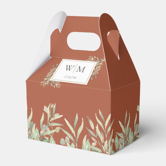 Monogram Greenery Foliage Terracotta Wedding Favor Box (Front Side)