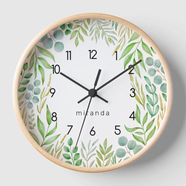 Monogram Greenery Foliage Watercolor Botanical Clock (Front)