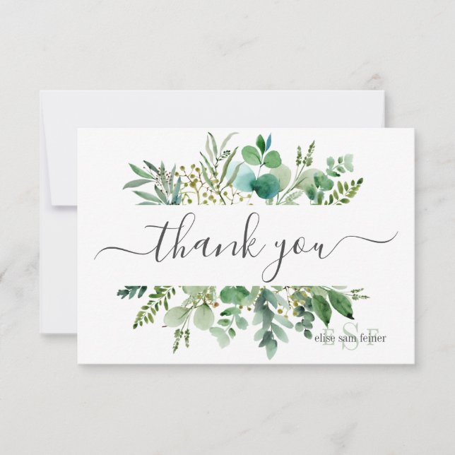 Monogram Greenery Gum Eucalyptus Thank You Card (Front)