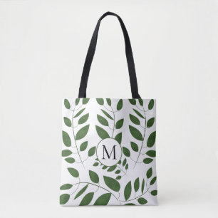 Monogram Greenery Leaf Pattern Tote Bag