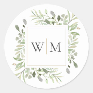 Monogram Greenery Modern Gold Wedding Classic Round Sticker
