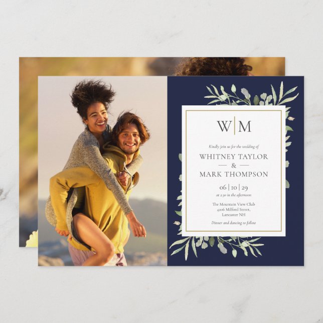 Monogram Greenery Navy Blue Photo Wedding Invitation (Front/Back)