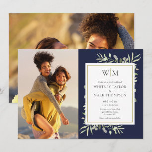 Monogram Greenery Navy Blue Photo Wedding Invitation