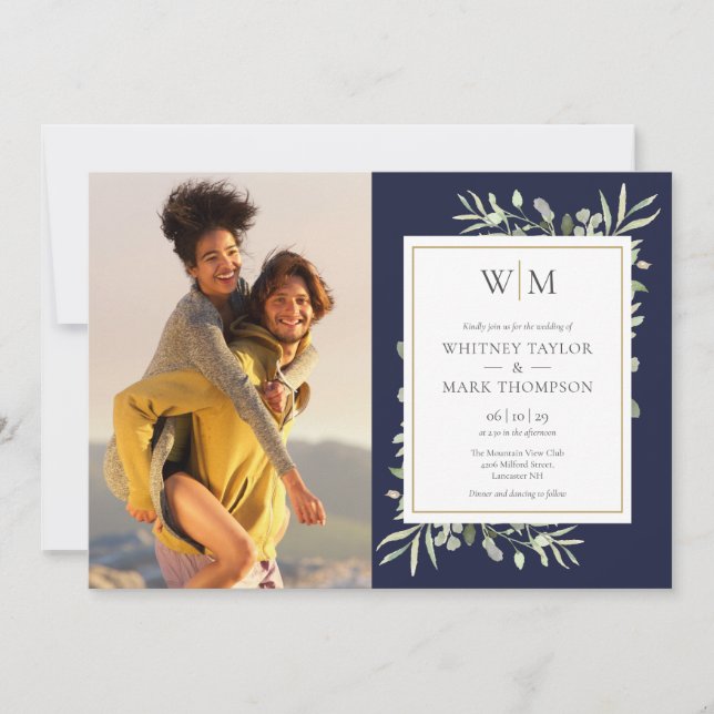 Monogram Greenery Photo Navy Blue Wedding Invitation (Front)