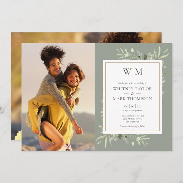 Monogram Greenery Sage Green Photo Wedding Invitation (Front/Back)