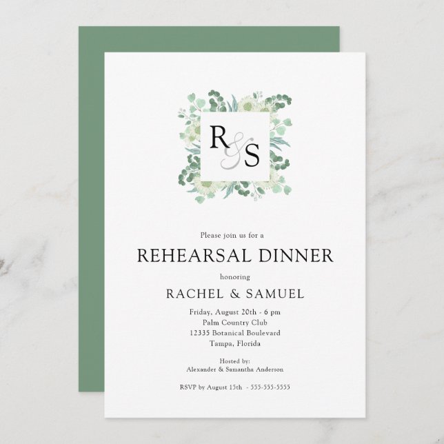 Monogram Greenery Wedding Rehearsal Dinner Invitation (Front/Back)