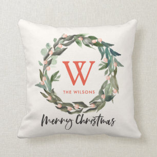 Monogram Greenery Wreath Christmas Holiday Throw Pillow