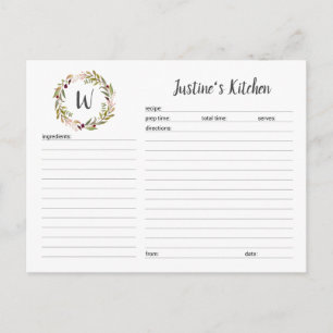 Monogram greenery wreath recipe card