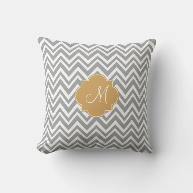 Monogram Grey and White Chevron Pattern with Gold Throw Pillow (Front)