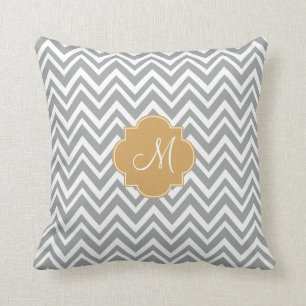 Monogram Grey and White Chevron Pattern with Gold Throw Pillow