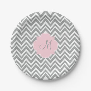 Monogram Grey and White Chevron with Pastel Pink Paper Plate