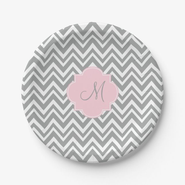 Monogram Grey and White Chevron with Pastel Pink Paper Plate (Front)