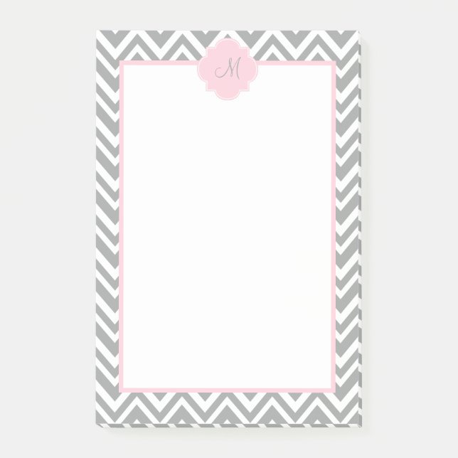 Monogram Grey and White Chevron with Pastel Pink Post-it Notes (Front)