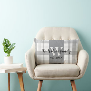 monogram grey and white plaid custom lumbar pillow