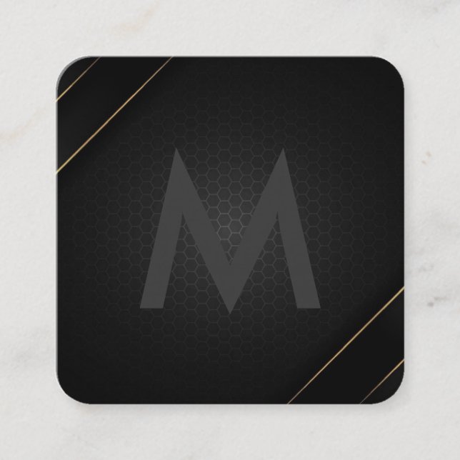 Monogram Grey Black | Geometric Gold Striped Square Business Card (Front)