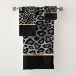 Monogram Grey & Black Leopard with Gold Band Bath Bath Towel Set