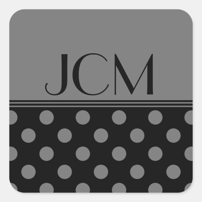 Monogram Grey/Black Polka Dot Square Sticker (Front)