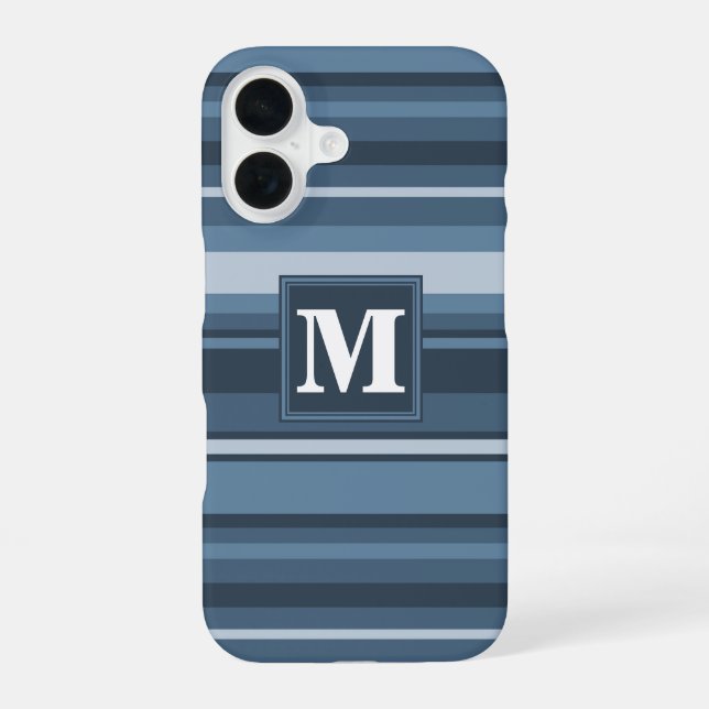 Monogram grey-blue stripes  iPhone 16 case (Back)