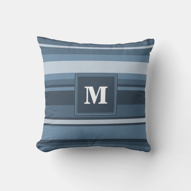 Monogram grey-blue stripes throw pillow (Front)