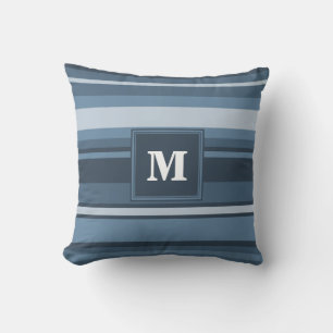 Monogram grey-blue stripes throw pillow