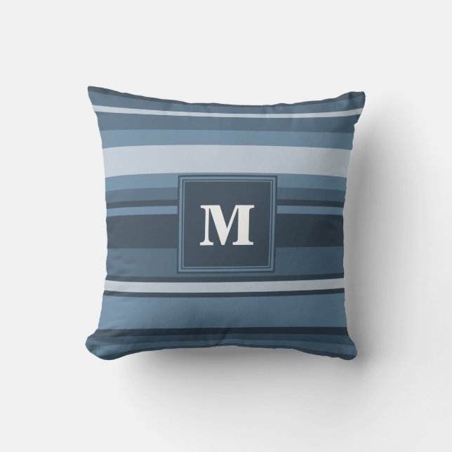 Monogram grey-blue stripes throw pillow (Front)