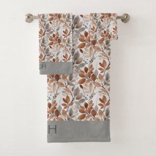 Monogram  Grey Brown Beige Leaf Botanical Bath Towel Set