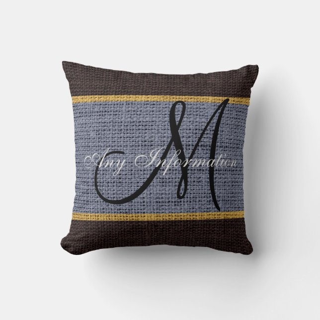 Monogram Grey & Brown Rustic Burlap Jute Throw Pillow (Front)