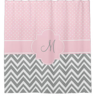 Monogram Grey Chevron with Pastel Pink Polka Dot