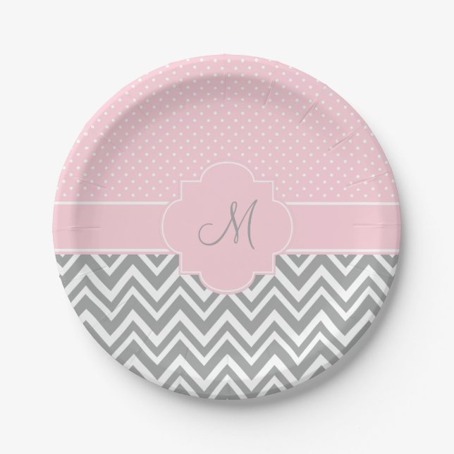 Monogram Grey Chevron with Pastel Pink Polka Dot Paper Plate (Front)