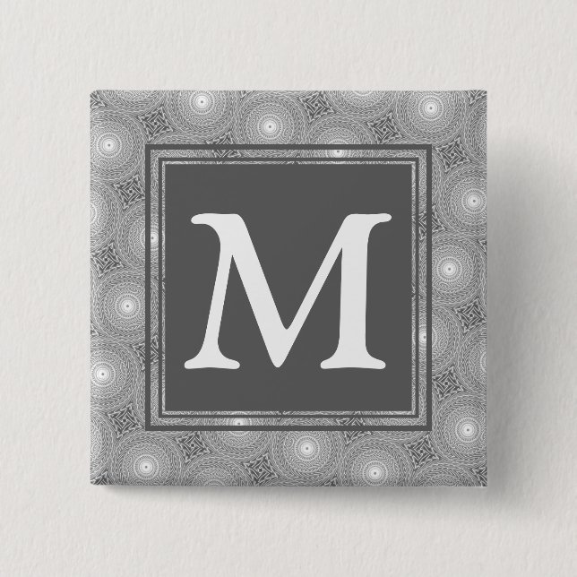Monogram grey circles pattern 2 inch square button (Front)