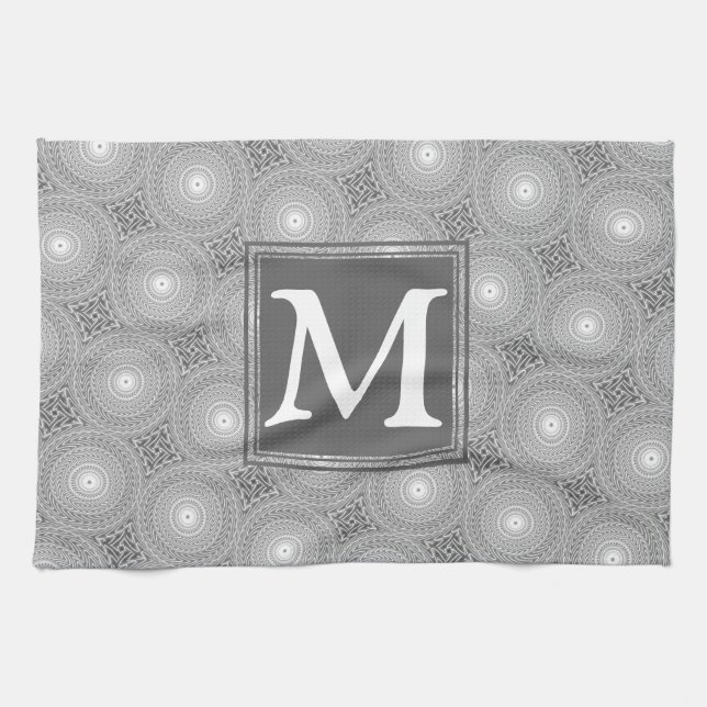 Monogram grey circles pattern kitchen towel (Horizontal)