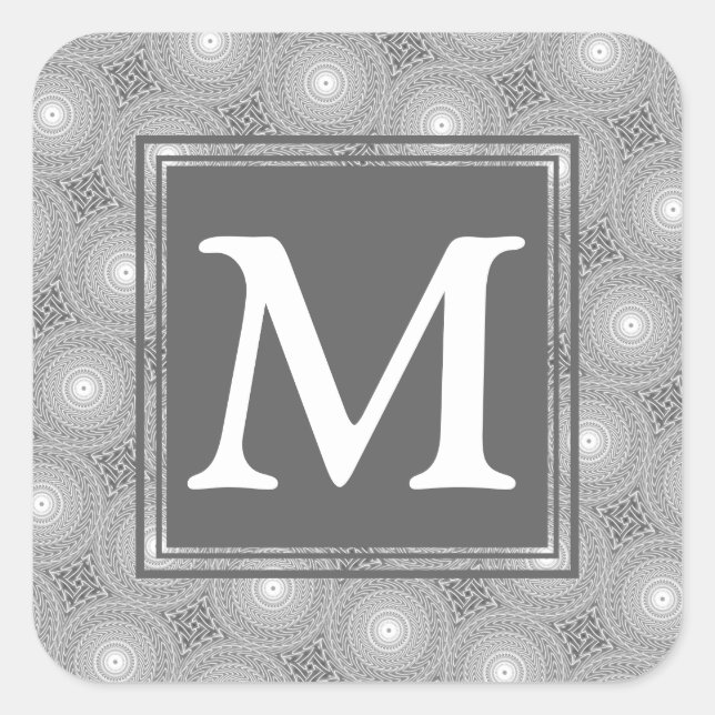 Monogram grey circles pattern square sticker (Front)