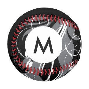 Monogram Grey Floral Pattern on Black Baseball