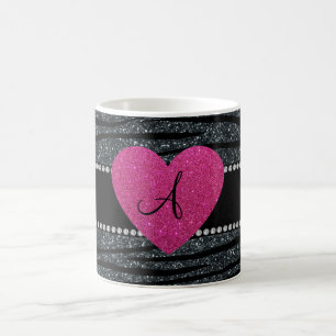 Monogram Grey glitter zebra stripes pink heart Coffee Mug