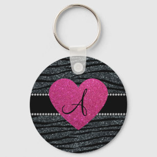 Monogram Grey glitter zebra stripes pink heart Keychain