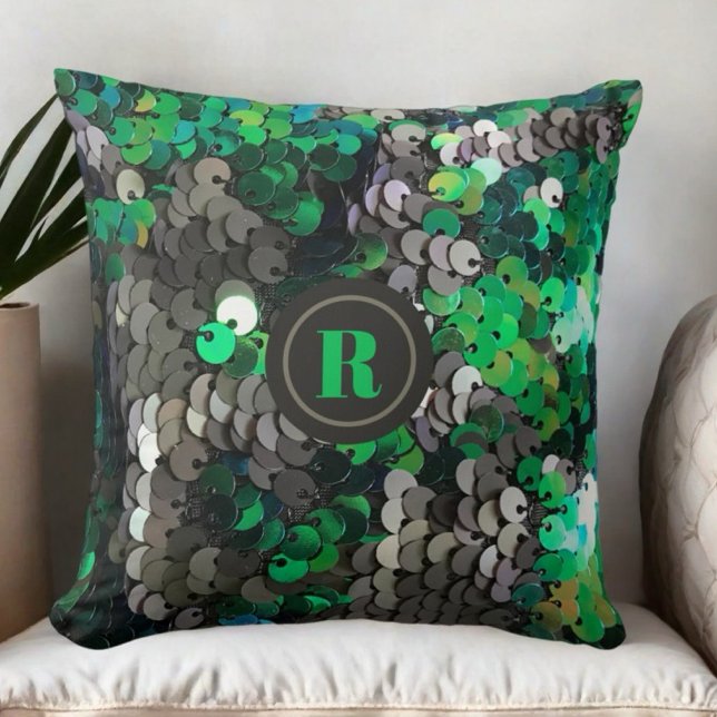 Monogram grey green sequins shiny glam elegant  throw pillow (Creator Uploaded)