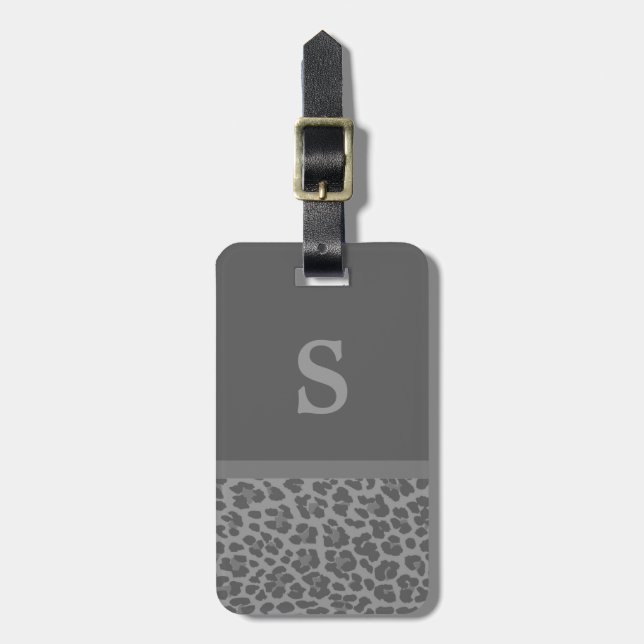 Monogram Grey Leopard Print Luggage Tag (Front Vertical)