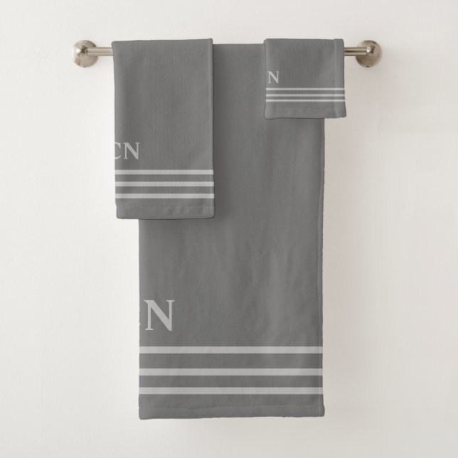 Monogram Grey Light Grey Striped Border Gift Bath Towel Set (Insitu)