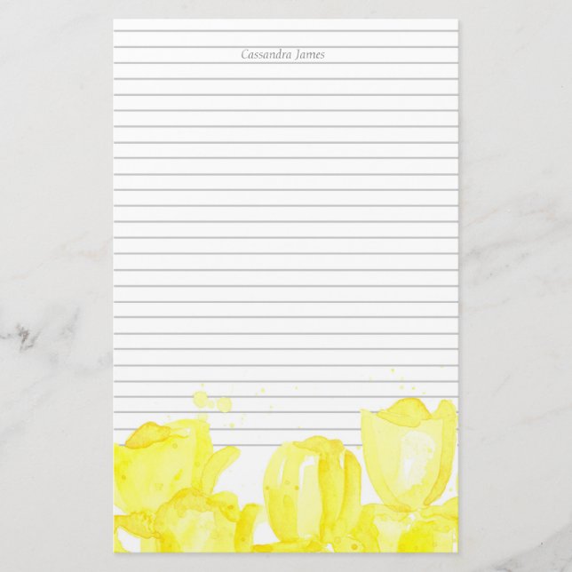 Monogram Grey Lined Yellow Tulip Flowers Stationery (Front)
