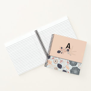 Monogram Grey Peach Floral Pattern Initial Notebook