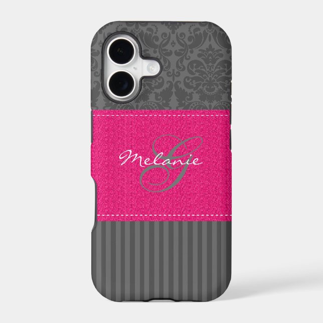Monogram Grey Pink Damask Stripe iPhone 5 Case (Back)