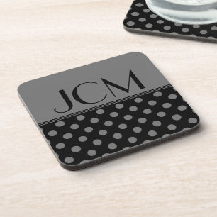 Monogram Grey Polka Dots on Black Coaster